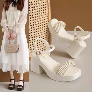 Туфли на высоком каблуке женские толстые с юбкой летние женские босоножки на толстом каблуке женские модные летние дышащие туфли 35