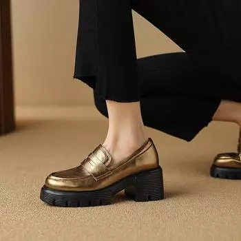 Туфли на высоком каблуке женские туфли-лодочки с квадратным носком из натуральной кожи для офиса и работы, для зрелых женщин, весна-осень, туфли на платформе 35 золотой