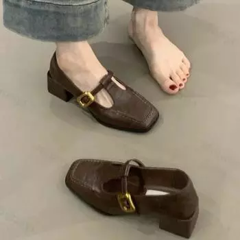 Туфли на высоком каблуке женские туфли-лодочки новые модные пряжки толстые каблуки с Т-образным ремешком женские туфли на высоком каблуке платформа Мэри Джейн женская обувь 35 чёрный