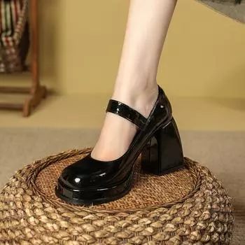 Туфли на высоком каблуке женские туфли на толстом каблуке ретро Мэри Джейн на платформе водонепроницаемые круглые туфли с японской Лоли маленькие кожаные туфли 35