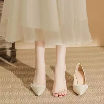Туфли на высоком каблуке женские весна 2024 новые французские нежные темпераментные остроносые толстые высокие каблуки одинарные туфли женские неглубокие свадебные туфли 34 абрикосовый