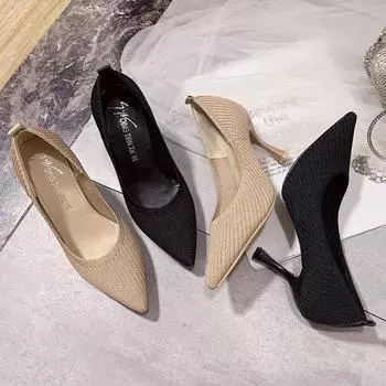 Туфли на высоком каблуке женские весна 2025 новые однотонные тонкие каблуки эластичные модные дышащие плетеные туфли с заостренным носком и неглубоким горлом одинарные женские туфли 34