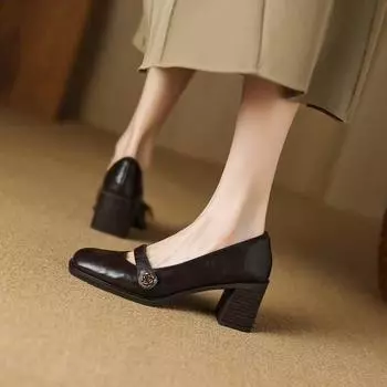 Туфли на высоком каблуке женские весна и осень модные и удобные толстые с одинарными туфлями квадратной формы туфли Мэри Джейн на раннюю осень женские туфли 35 коричневый