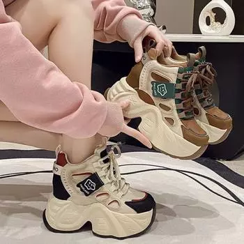 Туфли папы, женские, подошва толщиной 10 см, с увеличенной высотой и шнуровкой для похудения, повседневная спортивная обувь 34 коричневый