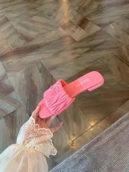 Туфли плиссированные квадратные тапочки с одним словом сандалии на плоской подошве женская верхняя одежда 34
