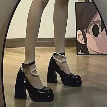 Туфли подружки невесты «Французская фея» с жемчугом «Мэри Джейн» на высоком каблуке — водонепроницаемая платформа с одной пряжкой, толстый каблук Size 34