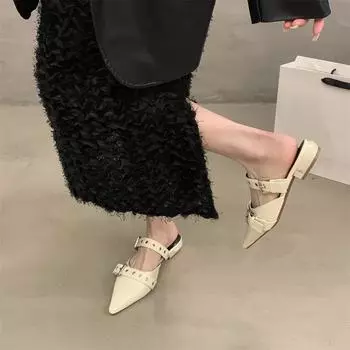 Туфли-полушапки на грубом каблуке с застежкой-молнией, верхняя одежда, весна и лето 2025, новые ретро-туфли с заостренным ремнем и пряжкой, черные одинарные туфли, женская обувь 35 чёрный