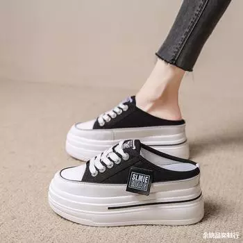 Туфли-полушапки в стиле колледжа с сумкой на голове, женские, новинка 2024 года, без каблука, маленькие белые туфли, универсальные, с толстой подошвой, увеличивающие рост, сандалии 34 чёрный