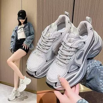 Туфли Pops на толстой подошве, женские летние сетчатые дышащие женские туфли, серебристые, увеличивающие высоту, повседневные спортивные туфли 35 серебряный