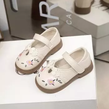 Туфли принцессы для девочек, ажурные, вышитые, детские балетки, нескользящая мягкая подошва, 2025, совершенно новая детская модная обувь, искусственная кожа 20 бежевый