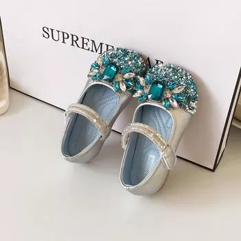 Туфли принцессы для девочек, блестящие пайетки, хрустальные, детская танцевальная обувь, для свадьбы, для выступления, весна-осень 2025, кожаные туфли для девочек, нескользящие 23 синий