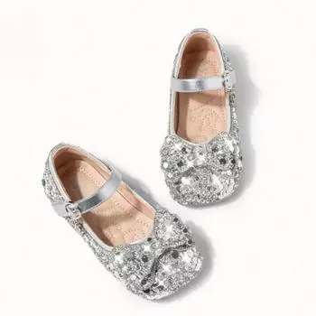 Туфли принцессы для девочек, детская повседневная обувь, маленькие кожаные туфли, обувь на мягкой подошве, хрустальные туфли, легкая обувь 23 серебряный