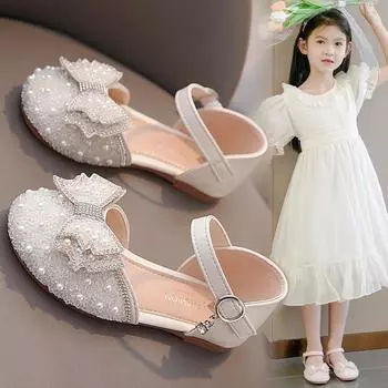 Туфли принцессы для девочек для свадьбы, танцевальные туфли, шикарные милые банты, лето 2025, новые детские полусандалии, кристальные, нескользящая мягкая подошва, INS 23 бежевый