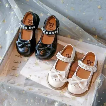 Туфли принцессы для девочек из кожи на липучках для детей Модные туфли «Лолита» с жемчугом для вечеринок Черные детские туфли Мэри Джейн с бантом для выступлений 23 чёрный