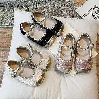Туфли принцессы для девочек с французскими пайетками, весенне-летний, небольшой аромат, корейская версия, маленькие кожаные туфли Мэри Джейн на нескользящей мягкой подошве 23 розовый