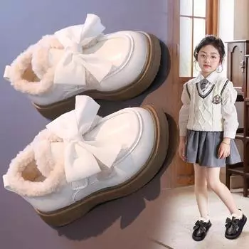 Туфли принцессы для девочек с круглым носком, шикарные детские теплые туфли с большим бантом, зимняя новая мода 2024 года, милая детская кожаная обувь, мягкая подошва 23 бежевый