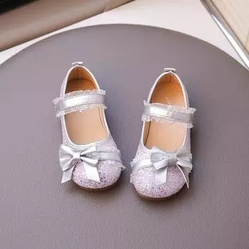 Туфли принцессы для девочек, с лентами и бантами, милые детские кожаные туфли, с блестящими пайетками, новинка 2025, детские танцевальные туфли, ПУ, мягкая подошва, круглый носок 23 фиолетовый
