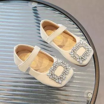 Туфли принцессы для девочек со стразами и квадратной пряжкой, кожаные туфли на плоской подошве с квадратным носком для девочек 27 белый