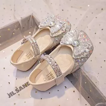 Туфли принцессы для девочек. Весенне-осенние новые детские туфли. Маленькие кожаные туфли. Туфли с кристаллами для девочек. Туфли для девочек на мягкой подошве. 23 белый