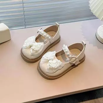 Туфли принцессы для девочек. Весенняя модная противоскользящая прогулочная обувь на мягкой подошве. Детская кожаная обувь с бисером. Детские одиночные туфли с бантом. Тренд. 21 белый