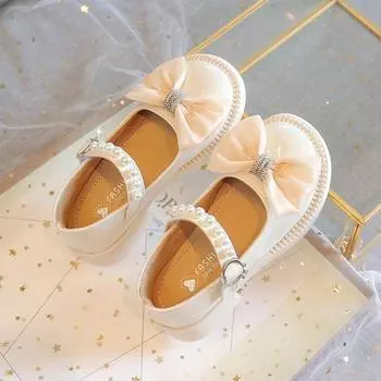 Туфли принцессы для девочек, весенне-осенние новые детские кожаные туфли с жемчугом и бриллиантами, универсальные нескользящие студенческие туфли 26 белый