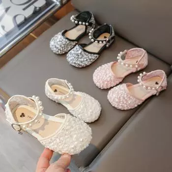 Туфли принцессы для девочек, весенне-осенние туфли с кристаллами, обувь для девочек, новинка 2024 года, летние туфли на мягкой подошве, маленькие кожаные туфли для девочек 23 чёрный