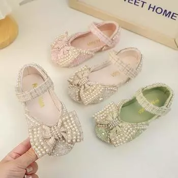 Туфли принцессы из кожи для девочек 2024 года, весна-осень, детские, повседневные, с жемчужным бантом, модные, детские, милые, на плоской подошве, туфли Мэри Джейн, неглубокие 21 зелёный