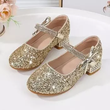 Туфли принцессы на низком каблуке для детей 2024 года, новые мягкие туфли со стразами для детей, модные туфли на низком каблуке, милые туфли Мэри Джейн на неглубокую вечеринку и свадьбу 26 золотой