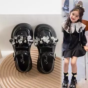 Туфли принцессы со стразами для девочек, весна и осень, новые лакированные туфли из корейской версии, универсальные модные туфли из зарубежной кожи для маленьких девочек 26 серый