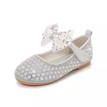 Туфли принцессы со стразами весна-осень 2025 г.: Мягкая подошва Baby Bow Leather Size 25 / Insole 16.50cm серебряный