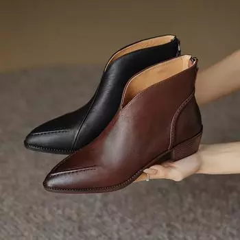 Туфли Qirui Острые толстые каблуки Элегантный ретро Верхний слой из коровьей кожи Short Plush Lining 34 чёрный