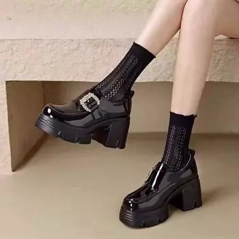 Туфли Ретро Британские Кожаные Туфли Осень Новые Элегантные Женские Туфли На Каблуке Высокого Качества Стразы Лоферы 35