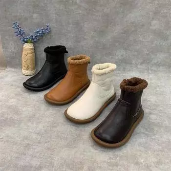 Туфли ручной работы из хлопка в стиле ретро с круглым носком, женские зимние 2024 года, утолщенные зимние сапоги, короткие сапоги на молнии, теплые маленькие кожаные сапоги 35 белый