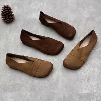 Туфли ручной работы из кожи, весна-лето, квадратная носовая часть, плоская, низкая, повседневная женская обувь из мягкой коровьей кожи 35 кофейный