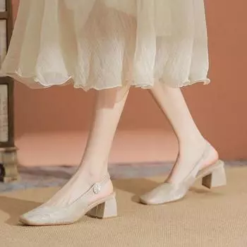 Туфли ручной работы из легкого шелка с тиснением на высоком каблуке с квадратным носком и толстым каблуком, женские сандалии с пустым носком 34 чёрный