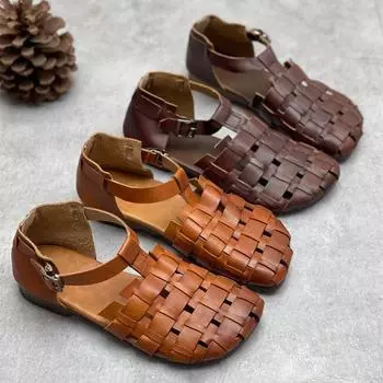 Туфли ручной работы из натуральной кожи с круглым носком, мокасины, повседневные сандалии на мягкой подошве 35 коричневый