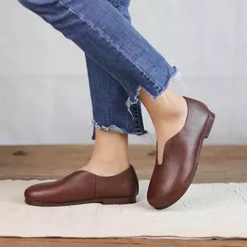 Туфли ручной работы из натуральной кожи Оригинальные литературные туфли на плоской подошве из коровьей кожи для женщин 35 кофейный