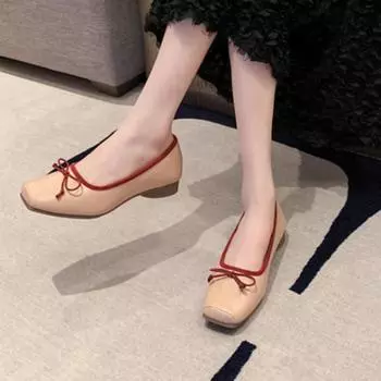 Туфли с бантом и квадратным носком. Удобная и элегантная женская обувь с неглубоким носком. Разноцветная женская обувь. Низкий каблук. Балетки. Повседневная обувь. 35 бежевый
