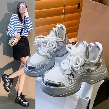 Туфли с бантом на каблуке Серебристые папины туфли женские новые европейские товары Утолщенная подошва Подкова каблук сетчатые дышащие спортивные женские туфли 35 чёрный