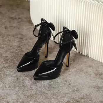 Туфли с бантом на высоком каблуке, тонкий каблук 12 см, водонепроницаемые сандалии с острым носком, женские, односложная пряжка, модные, для взрослых, подарок, высокие каблуки 34