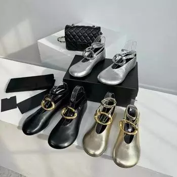 Туфли с большой головкой, круглый носок, плоская подошва, пряжка на щиколотке, металлическая пряжка, женская одиночная обувь на настоящей подошве 40