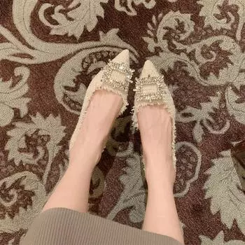 Туфли с бриллиантами для женщин на толстом каблуке с боковыми отверстиями, на низком каблуке с заостренным носком и квадратной пряжкой, с небольшим ароматом ветра 34 бежевый