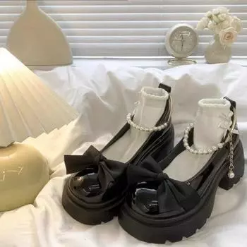 Туфли с черным бантом и толстой подошвой. Модные и удобные женские летние туфли Мэри Джейн с круглым носком и толстым каблуком. 35 чёрный