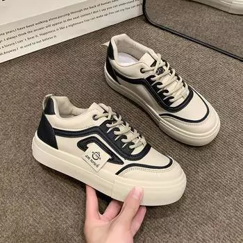 Туфли с кожаной отделкой белого цвета для женщин, повседневные универсальные туфли на плоской подошве с цветными блоками 35 чёрный