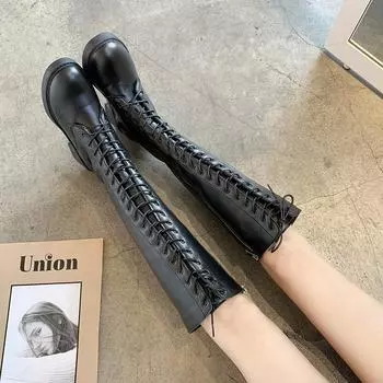 Туфли с круглым носком Модные ботинки Женские Ботинки Женские Ботинки на шнуровке на низком каблуке Ботинки Панк-рок Зимние До середины голени 35 чёрный