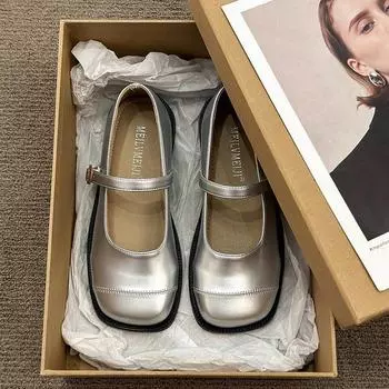 Туфли с квадратной головкой и неглубоким носком, женские летние серебристые туфли Мэри Джейн на плоской подошве, одинарные туфли 35 серебряный