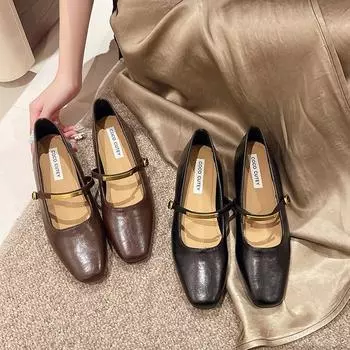 Туфли с квадратной головкой, неглубокие одинарные туфли, женская весна 2025 года, новые универсальные туфли с пряжкой из одного слова, на плоской подошве, туфли Doudou, мягкая подошва, женская обувь 35 коричневый