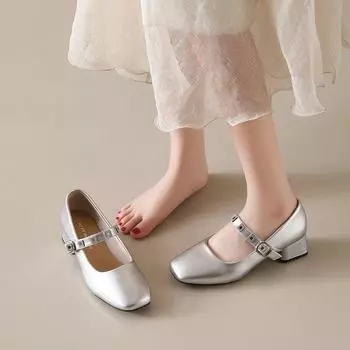 Туфли с квадратной головкой, женские, верхняя одежда, осенние туфли, туфли Мэри Джейн на низком каблуке в стиле ретро с мягкой подошвой, толстый каблук 34 серебряный