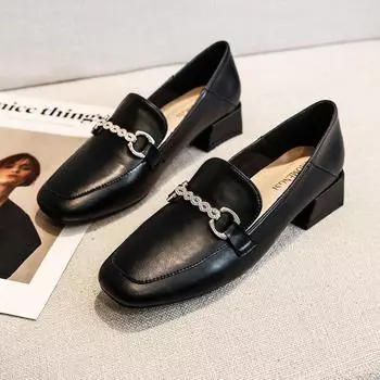 Туфли с квадратным носком, женские кожаные туфли, осенние новые туфли без шнуровки в британском стиле, женские туфли большого размера на толстом каблуке 34