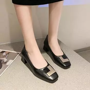 Туфли с квадратным носком, женские, толстые каблуки, не утомляющие, рабочая обувь, специально одобренные осенние женские кожаные туфли на среднем каблуке 34 чёрный